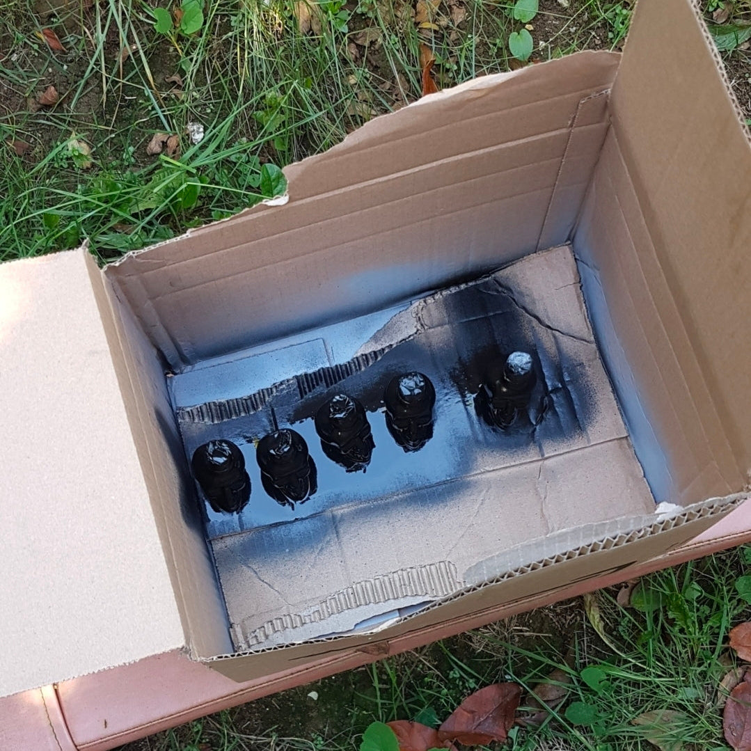 Open cardboard box with black objects inside on a grassy background